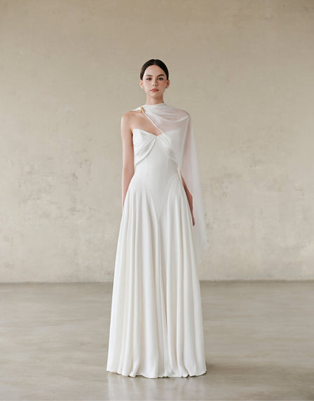 Bride-to-be in a strapless white LARMES Habiba gown with a corset bodice