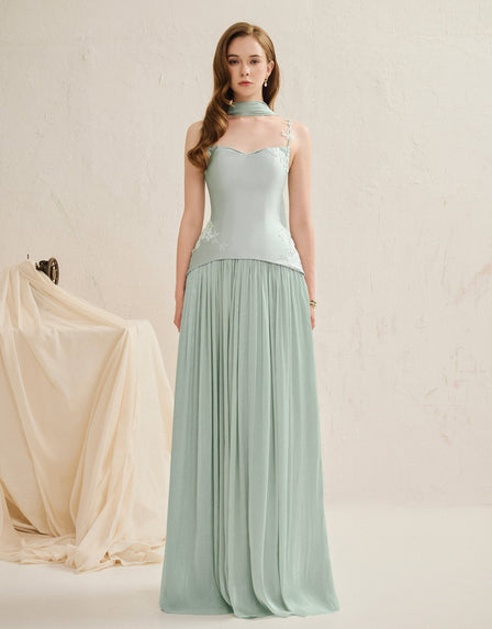 Sage green LARMES Mary floor-length dress with a structured bodice and pleated skirt, made to your measurements