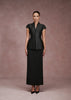 Black LARMES Victoria peplum top with hand-covered buttons and Irene ankle-length skirt