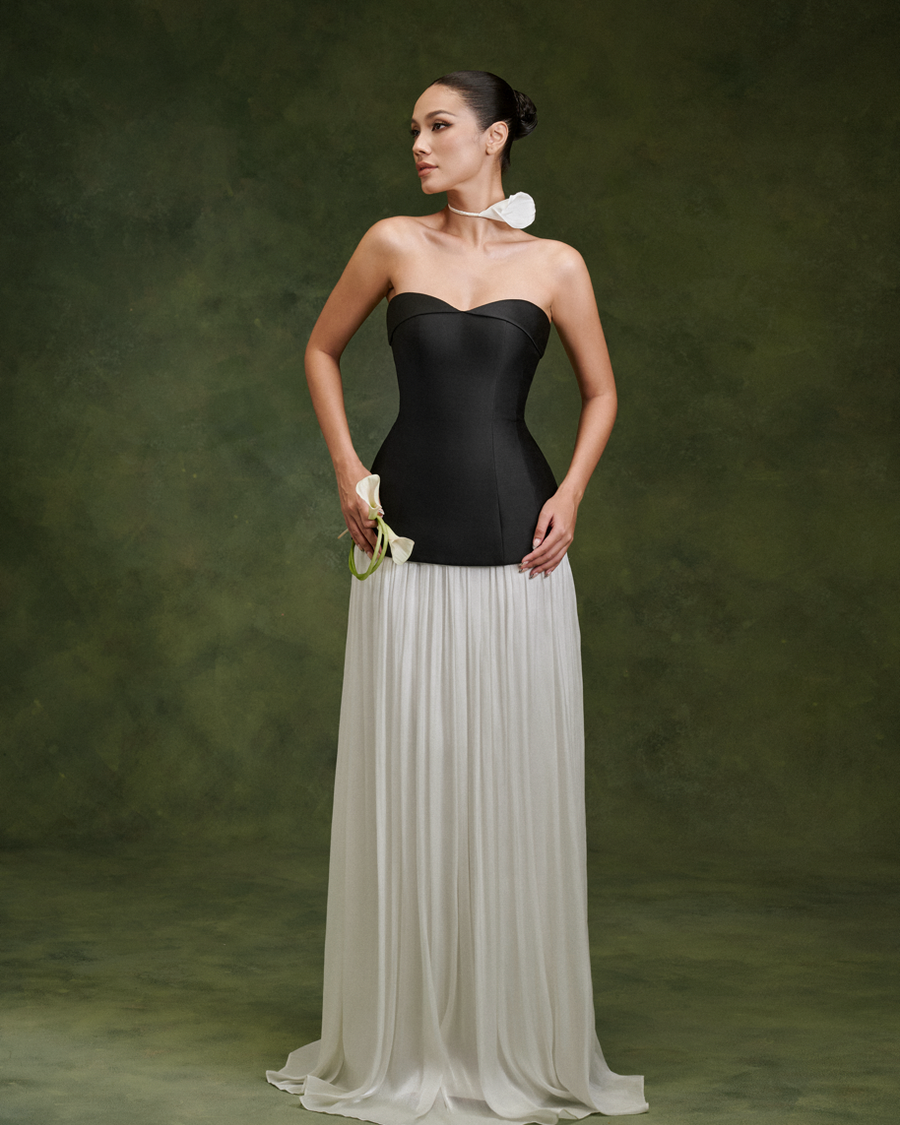 LARMES Fanny top in black and Wisteria skirt in ivory – front view, full length