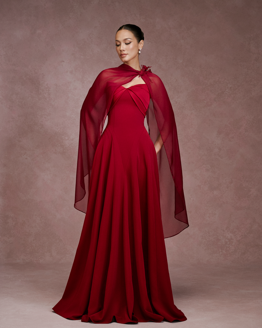LARMES Habiba cape gown in red – front view, full length with sheer chiffon cape