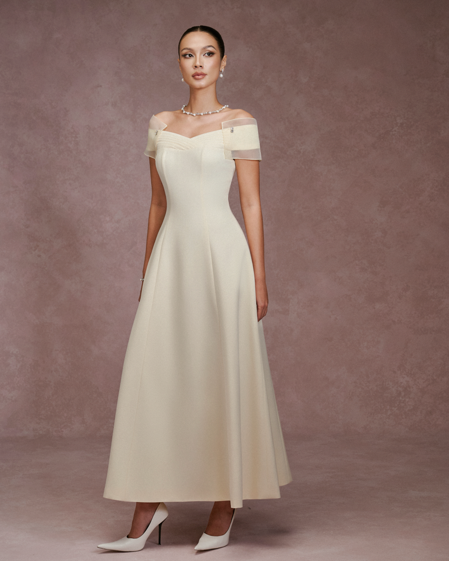 LARMES Merit off-shoulder midi dress in cream – front view, full length
