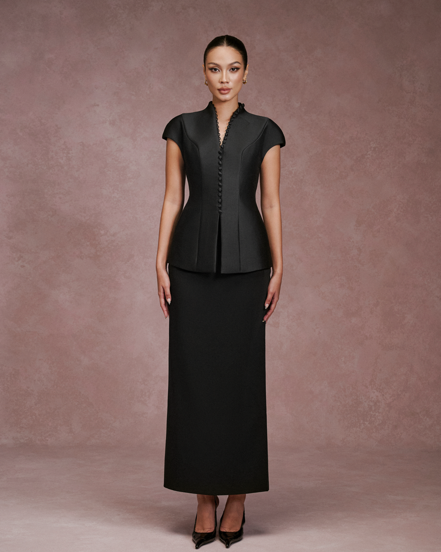 LARMES Victoria top and Irene skirt in black – front view, full length