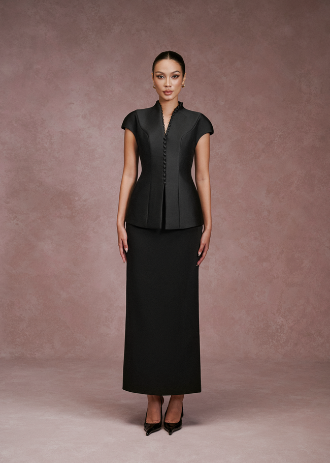 LARMES Victoria top and Irene skirt in black – front view, full length