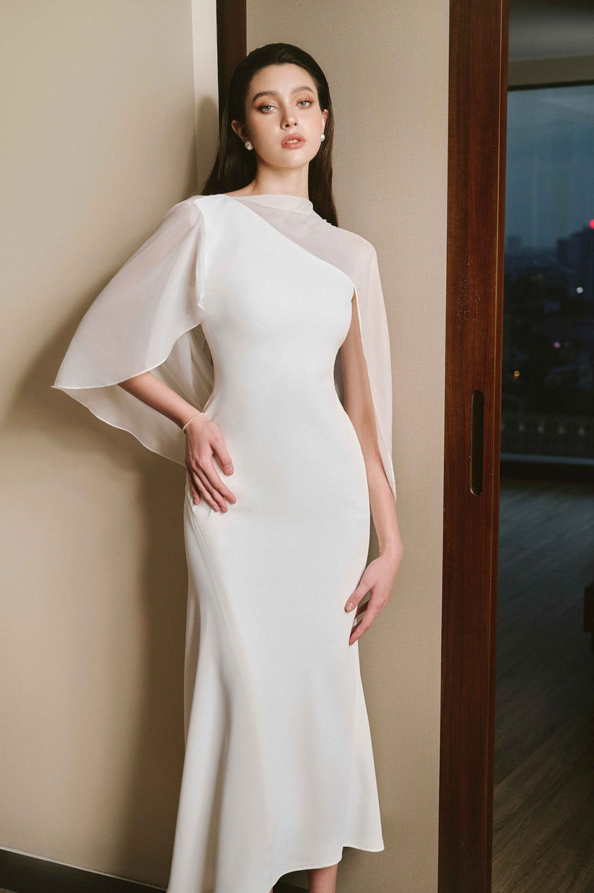 Abigail Trumpet Cape Sleeved Twill Midi Dress - LARMES