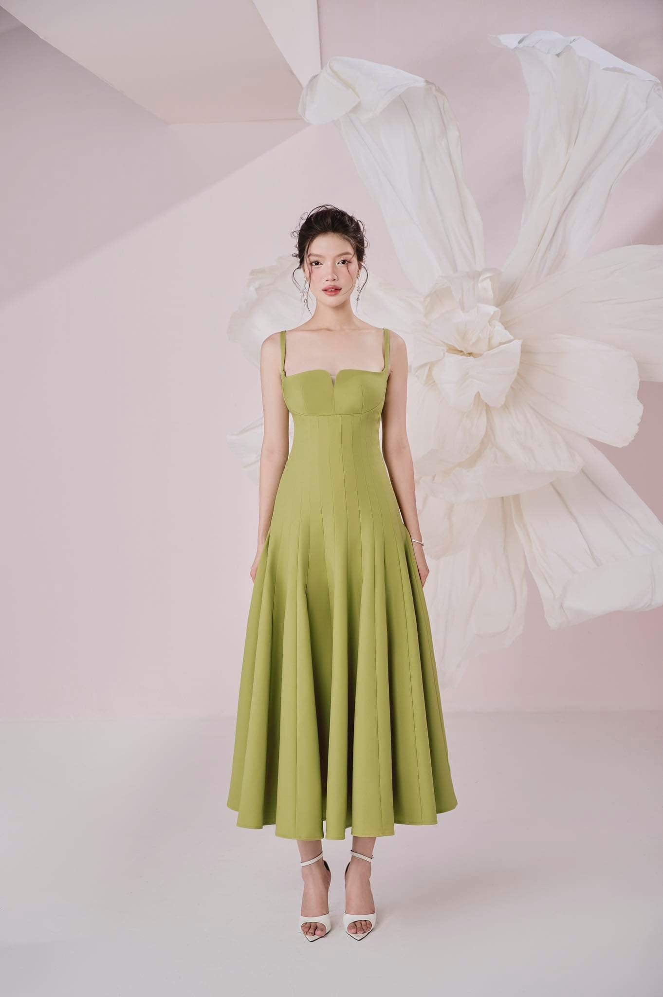 Alora A - line Draped Sandy Crepe Midi Dress - LARMES