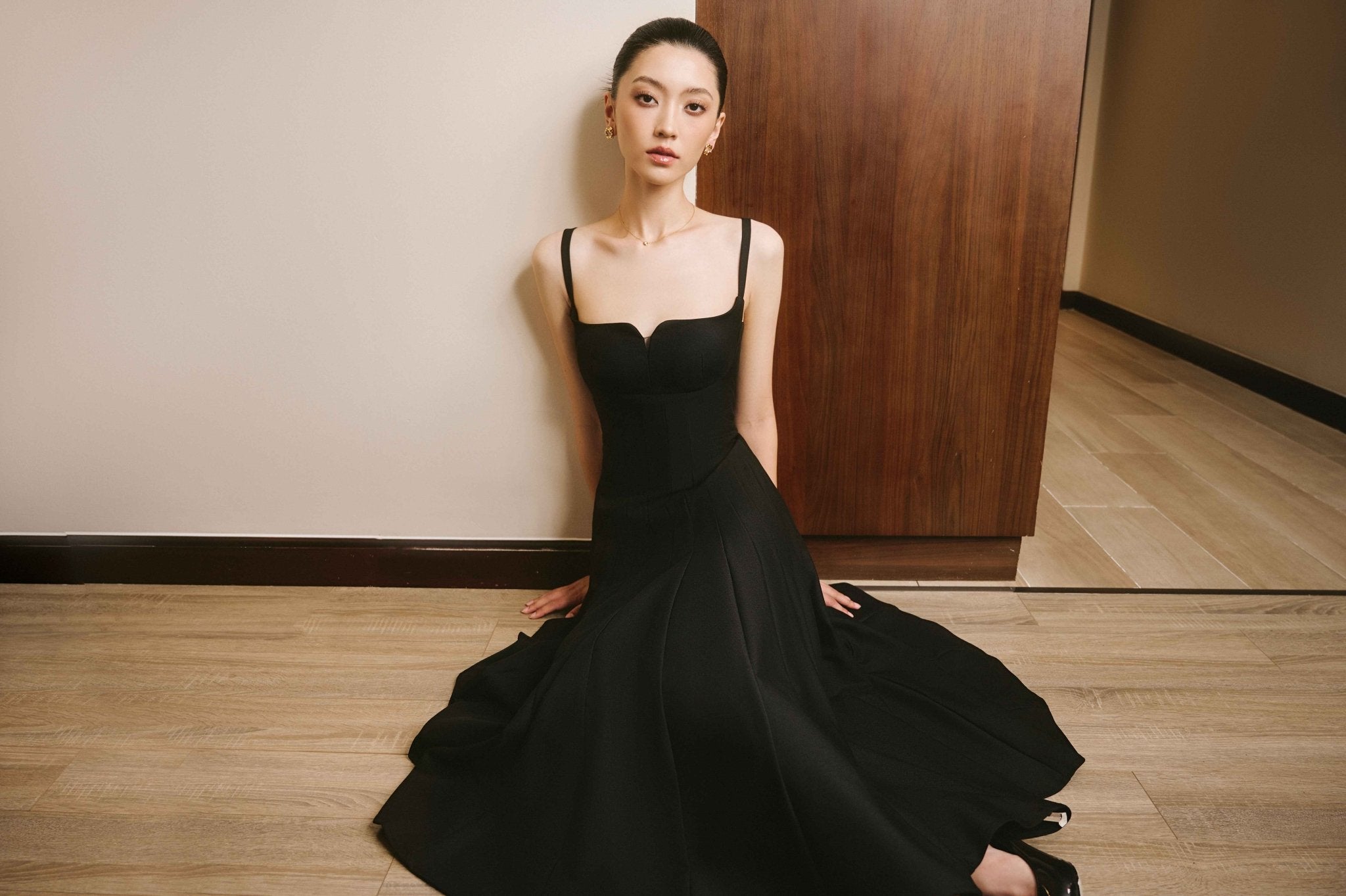 Alora A - line Draped Sandy Crepe Midi Dress - LARMES