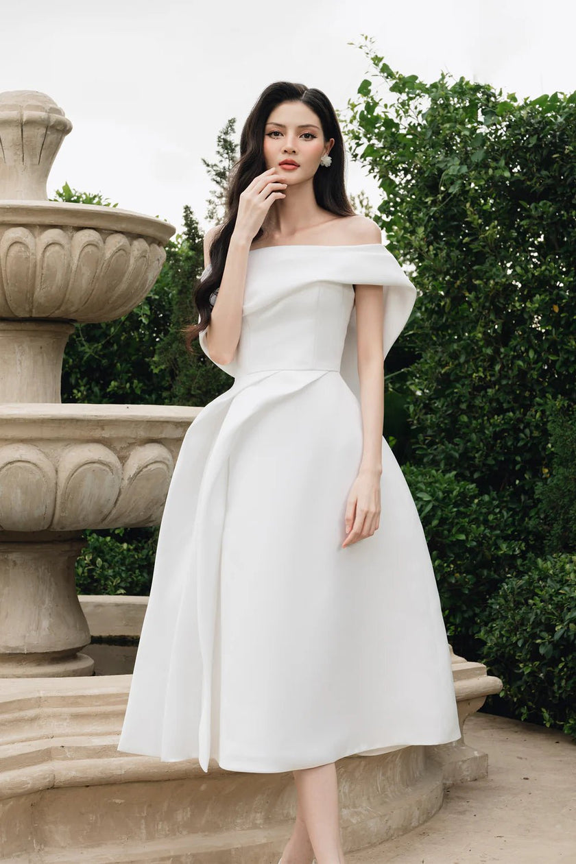 Amberly A - line Off - Shoulder Taffeta Below The Knee Dress - LARMES