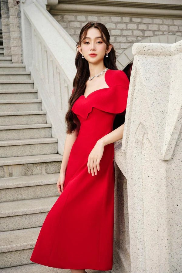 Amore A - line Queen Anne Neck Silk Crepe Midi Dress - LARMES