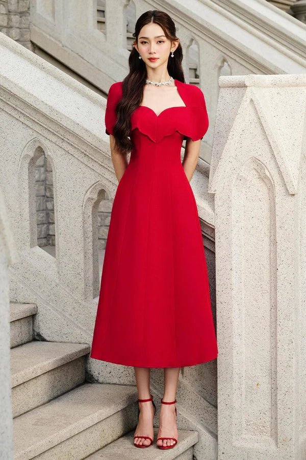 Amore A - line Queen Anne Neck Silk Crepe Midi Dress - LARMES