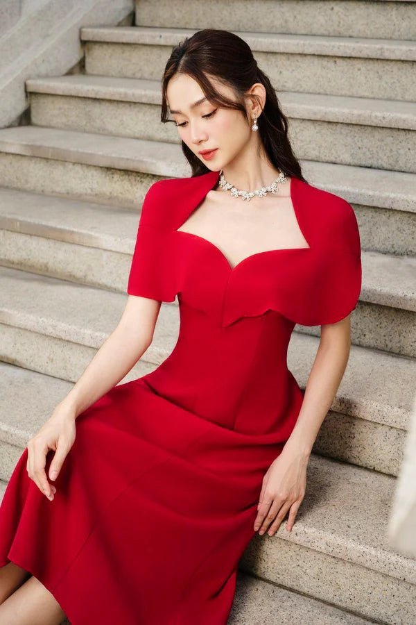 Amore A - line Queen Anne Neck Silk Crepe Midi Dress - LARMES