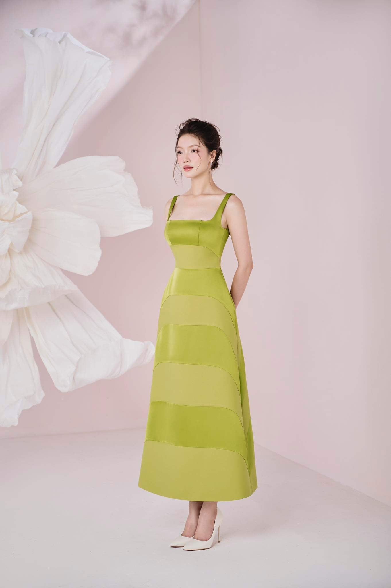 Anubis A - line Square Neck Silk Crepe Ankle Length Dress - LARMES