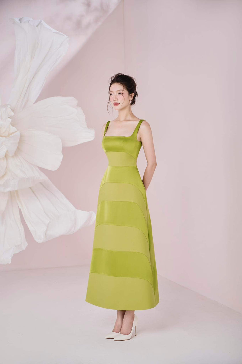 Anubis A - line Square Neck Silk Crepe Ankle Length Dress - LARMES