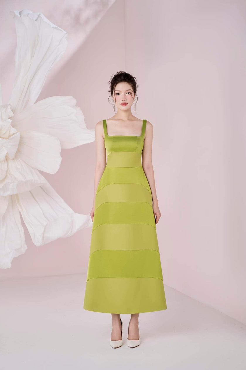 Anubis A - line Square Neck Silk Crepe Ankle Length Dress - LARMES