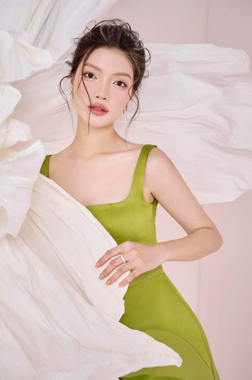 Anubis A - line Square Neck Silk Crepe Ankle Length Dress - LARMES