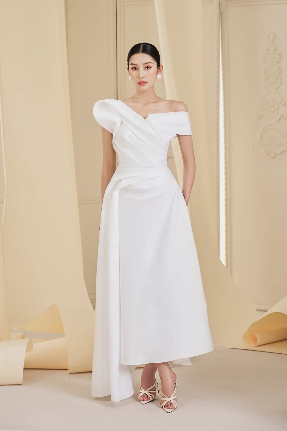 Aria A - line Extended Flap Taffeta Ankle Length Dress - LARMES