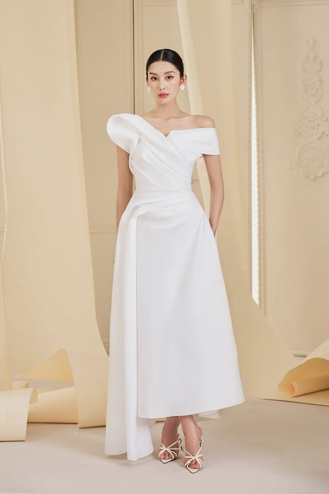 Aria A - line Extended Flap Taffeta Ankle Length Dress - LARMES