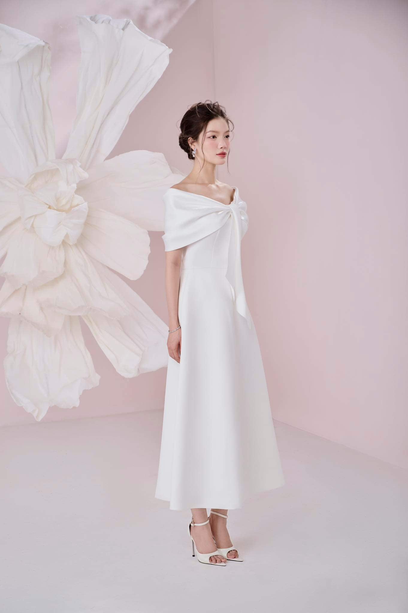 Ariana A - line Off - Shoulder Taffeta Cotton Ankle Length Dress - LARMES