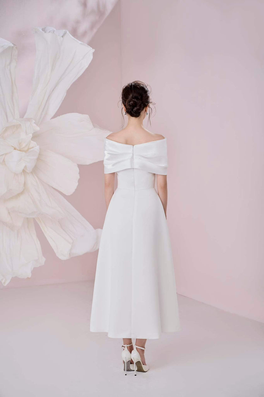 Ariana A - line Off - Shoulder Taffeta Cotton Ankle Length Dress - LARMES