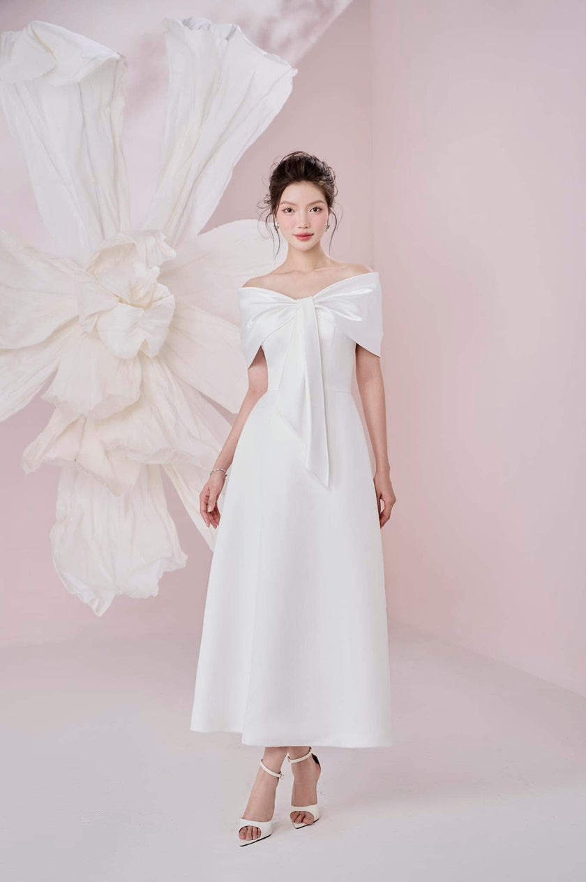 Ariana A - line Off - Shoulder Taffeta Cotton Ankle Length Dress - LARMES