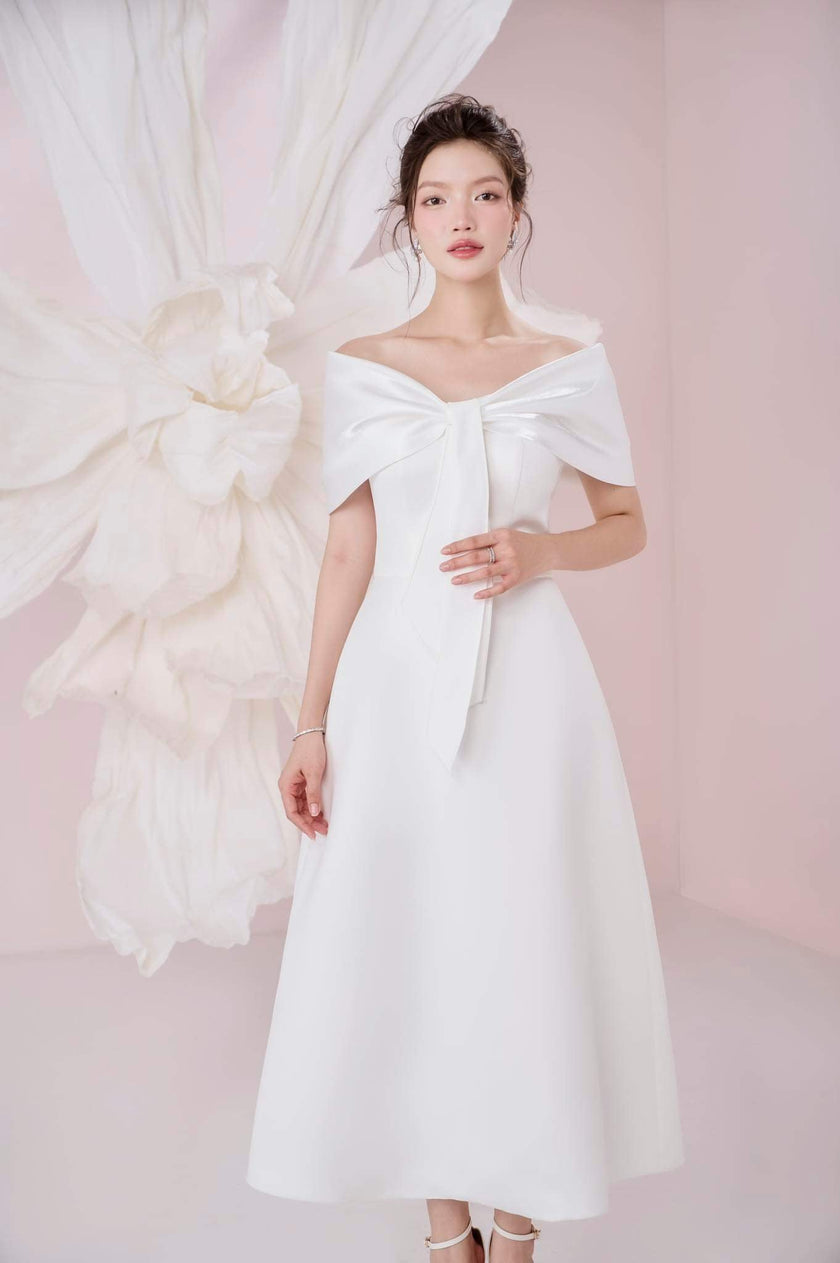 Ariana A - line Off - Shoulder Taffeta Cotton Ankle Length Dress - LARMES