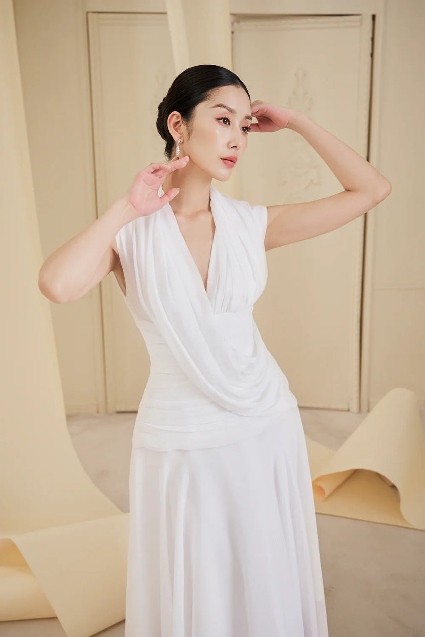 Aurelia Gathered V - Neck Tulle Ankle Length Dress - LARMES