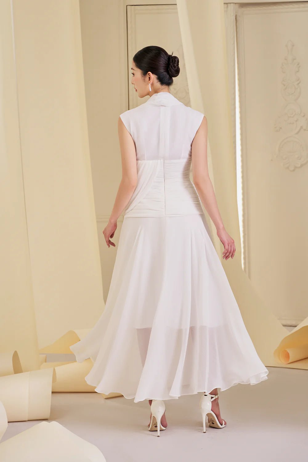 Aurelia Gathered V - Neck Tulle Ankle Length Dress - LARMES