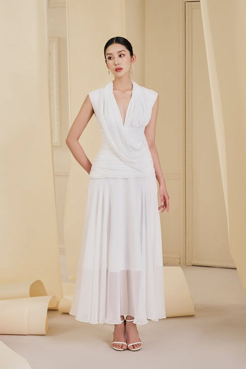 Aurelia Gathered V - Neck Tulle Ankle Length Dress - LARMES