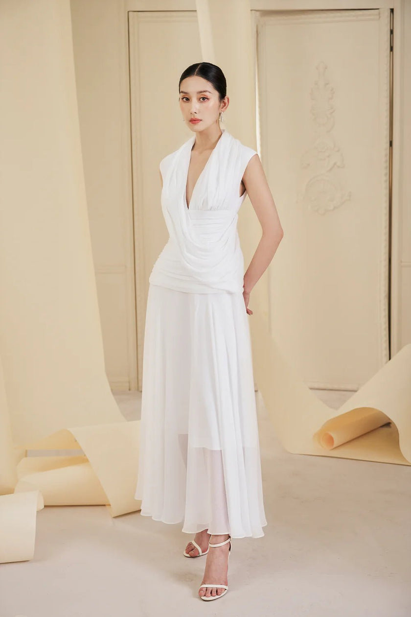 Aurelia Gathered V - Neck Tulle Ankle Length Dress - LARMES