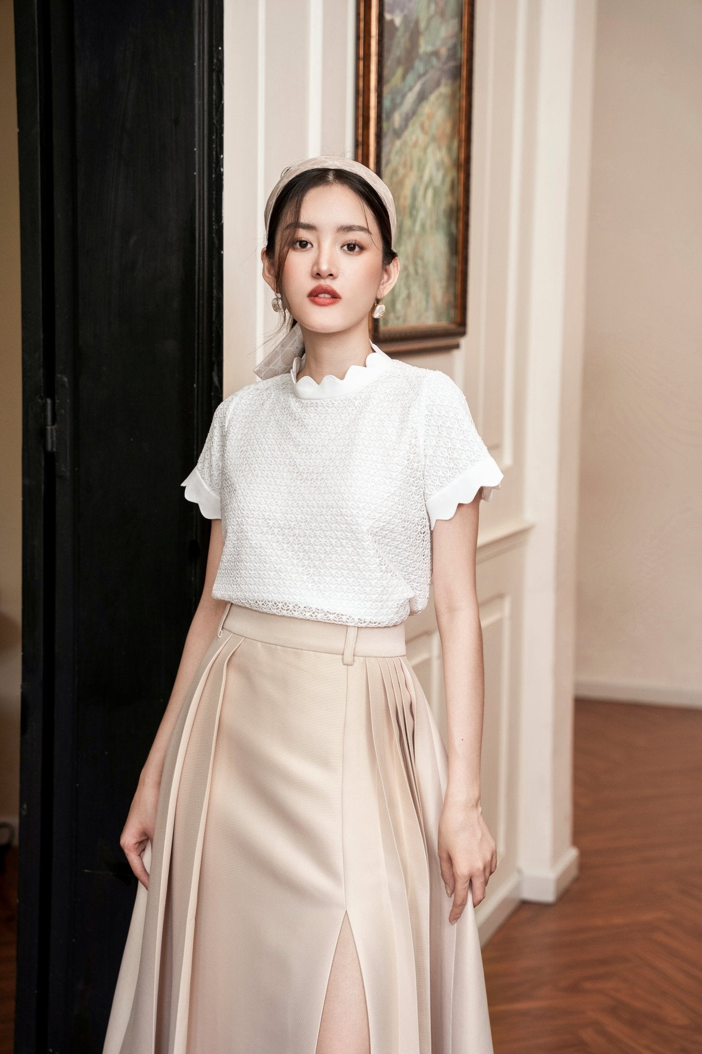 Branton Slit High Waist Sandy Crepe Midi Skirt - LARMES