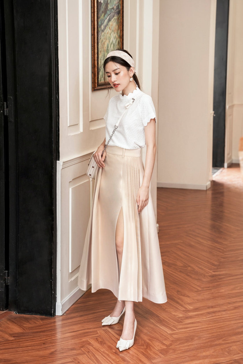 Branton Slit High Waist Sandy Crepe Midi Skirt - LARMES