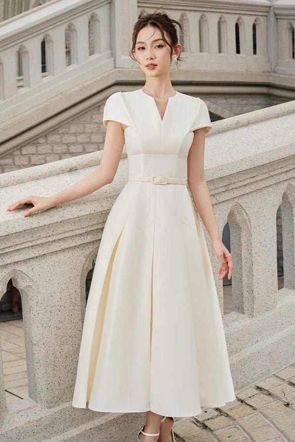 Calla Drop Waist Box Pleated Rayon Midi Dress - LARMES