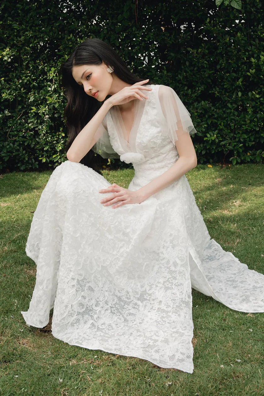 Charlotte Asymmetric V - Neck Lace Midi Dress - LARMES