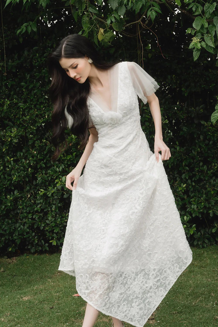 Charlotte Asymmetric V - Neck Lace Midi Dress - LARMES