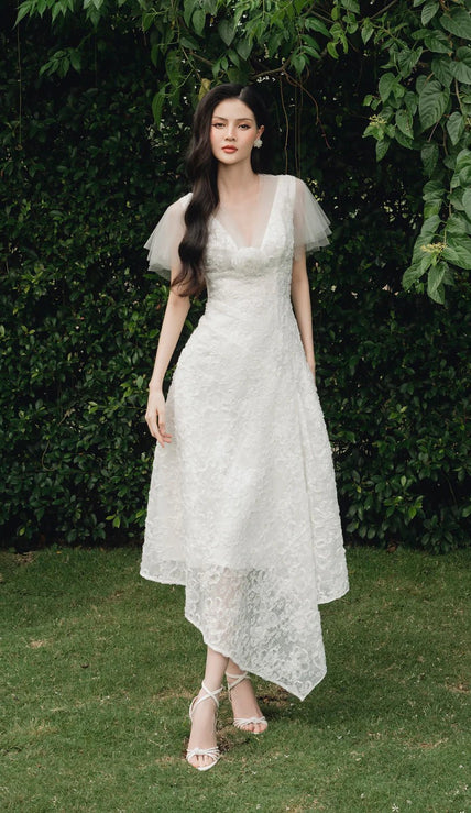 Charlotte Asymmetric V - Neck Lace Midi Dress - LARMES