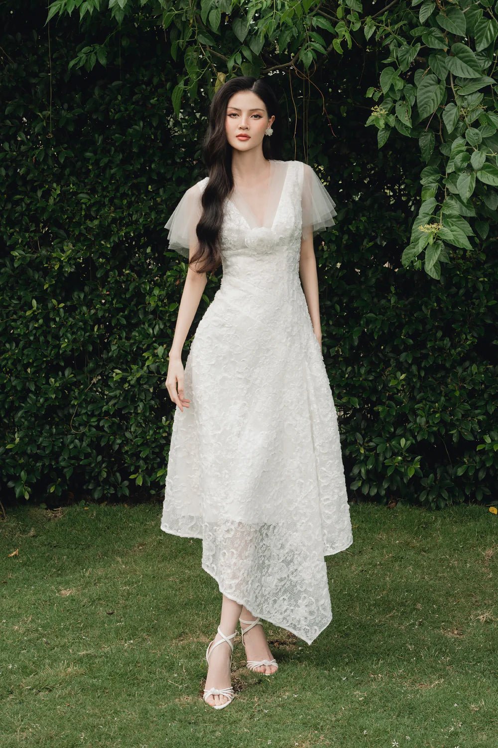 Charlotte Asymmetric V - Neck Lace Midi Dress - LARMES