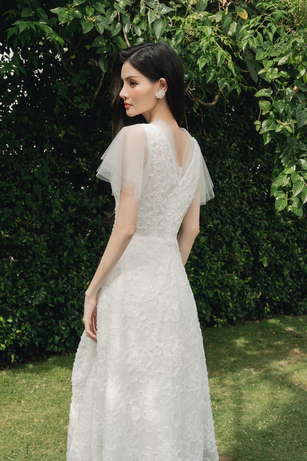 Charlotte Asymmetric V - Neck Lace Midi Dress - LARMES