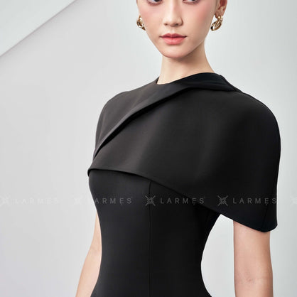 Edith A - line Cape Shoulder Wool Blend Midi Dress - LARMES