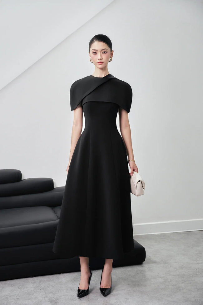 Edith A - line Cape Shoulder Wool Blend Midi Dress - LARMES