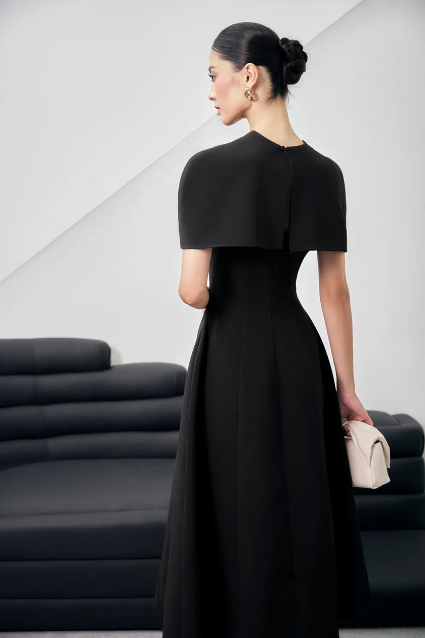 Edith A - line Cape Shoulder Wool Blend Midi Dress - LARMES