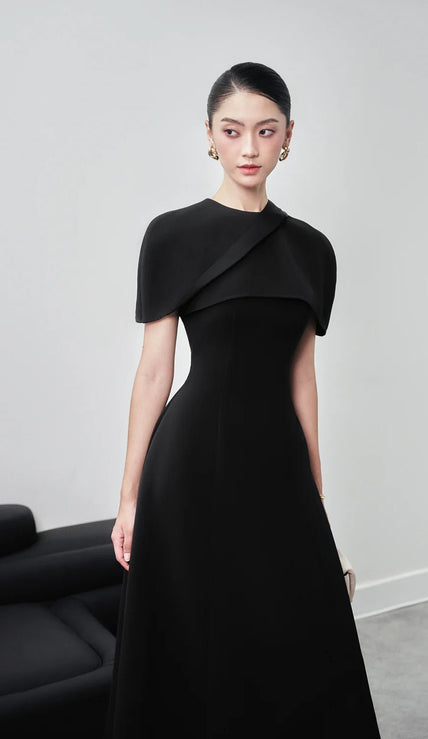 Edith A - line Cape Shoulder Wool Blend Midi Dress - LARMES