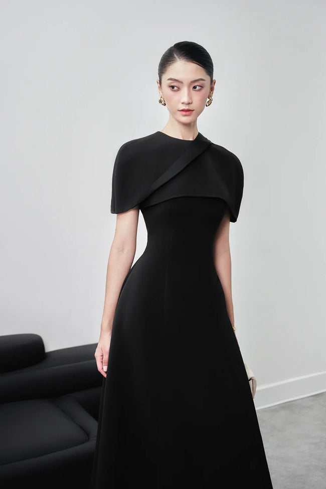 Edith A - line Cape Shoulder Wool Blend Midi Dress - LARMES