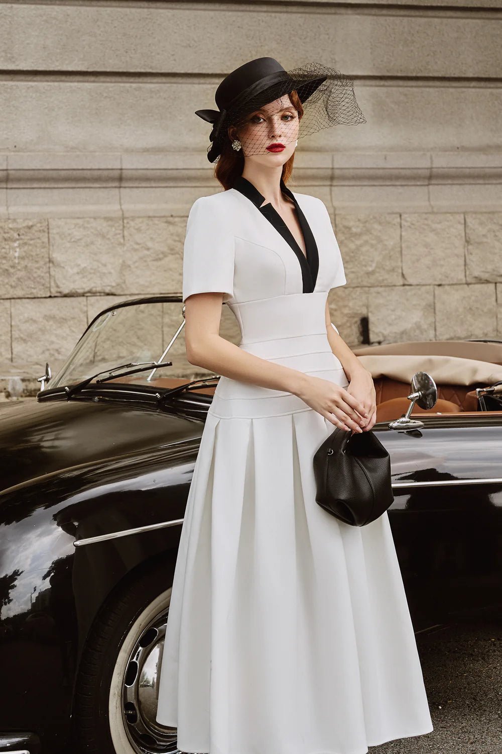 Elio A - line V - Neck Spandex Homespun Midi Dress - LARMES