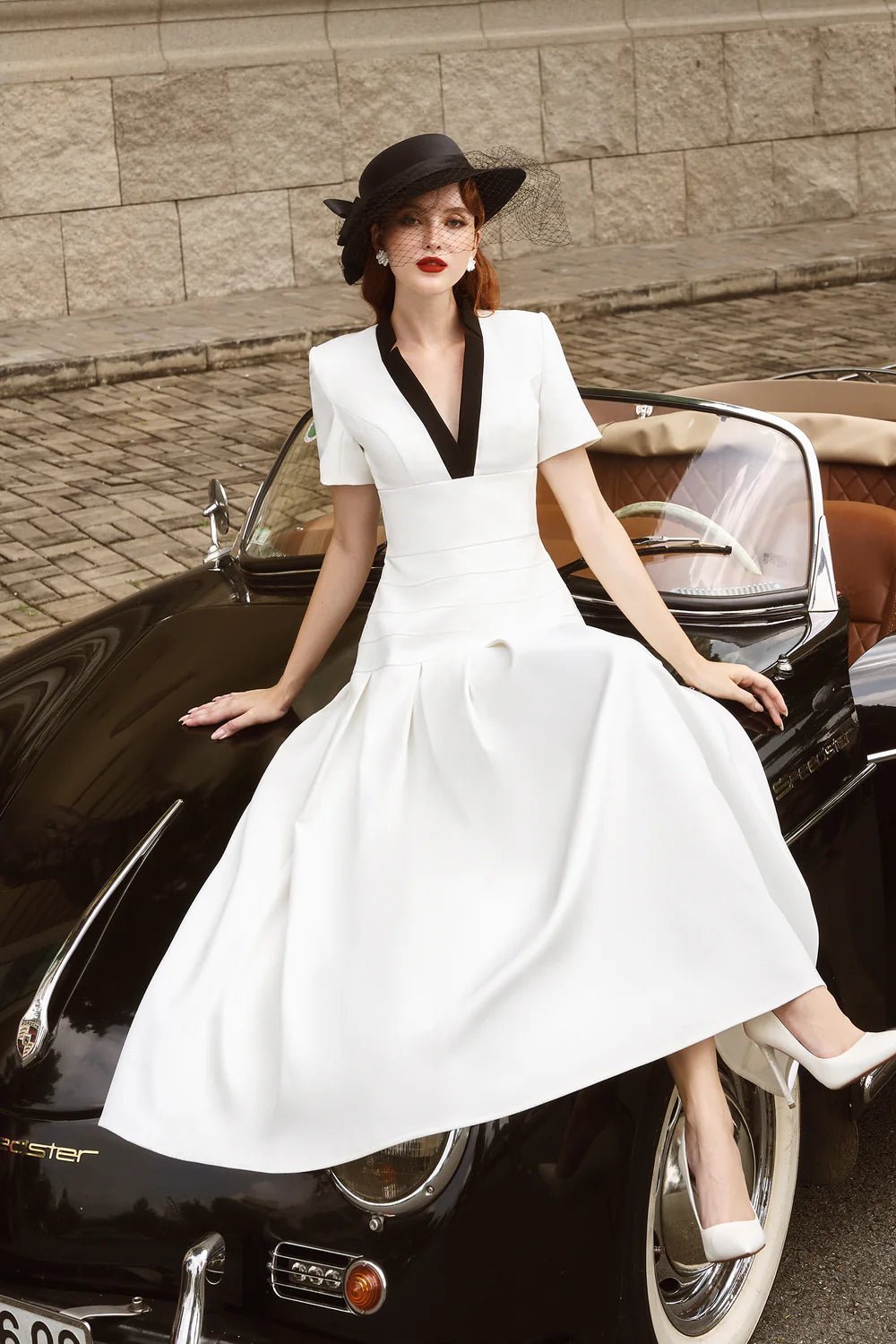 Elio A - line V - Neck Spandex Homespun Midi Dress - LARMES