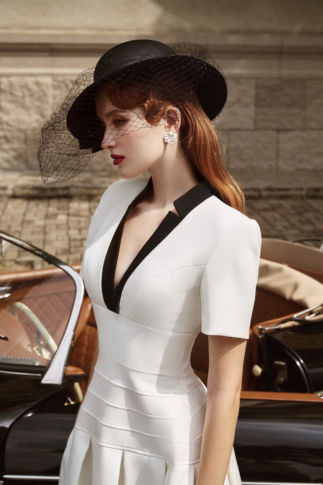 Elio A - line V - Neck Spandex Homespun Midi Dress - LARMES