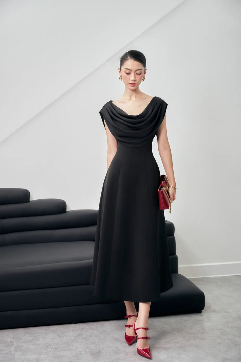 Giovanna A - line Cowl Neck Wool Blend Midi Dress - LARMES