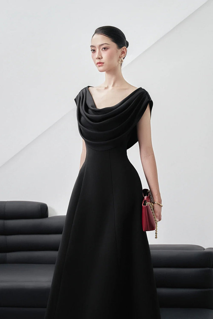 Giovanna A - line Cowl Neck Wool Blend Midi Dress - LARMES