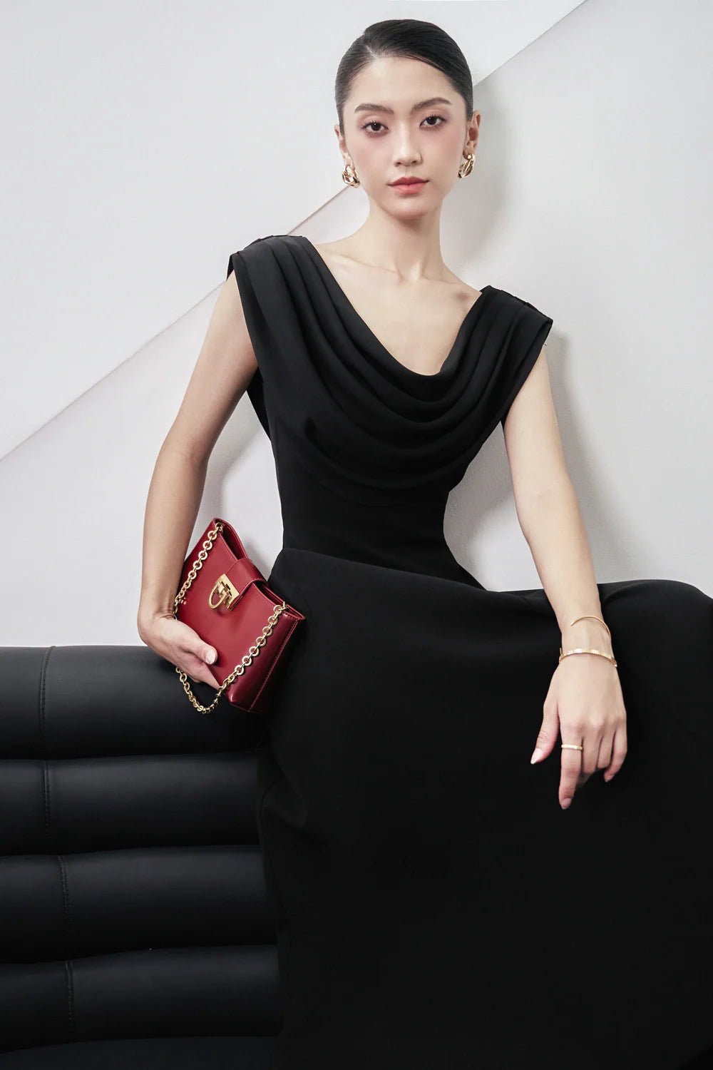 Giovanna A - line Cowl Neck Wool Blend Midi Dress - LARMES