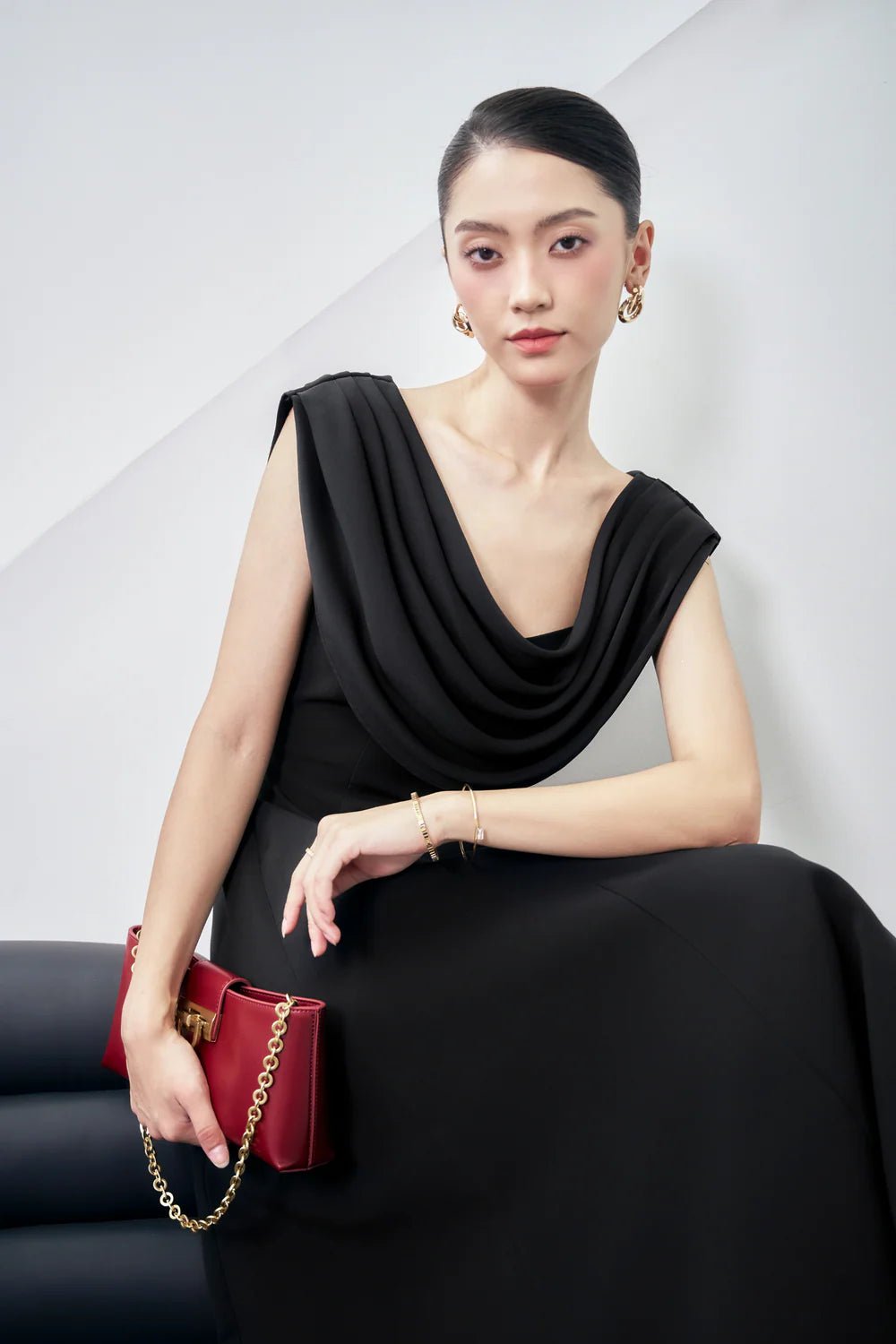 Giovanna A - line Cowl Neck Wool Blend Midi Dress - LARMES