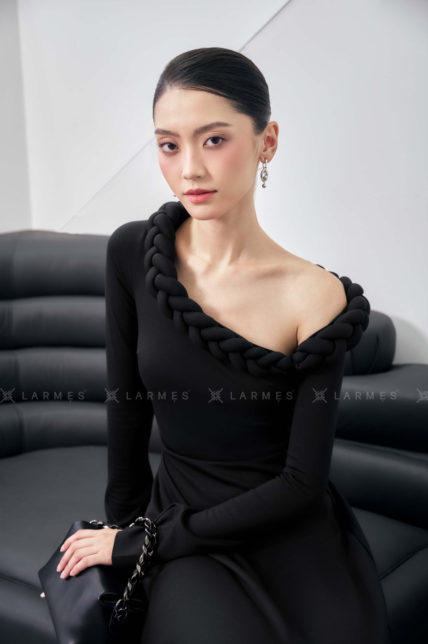 Gwen A - line Asymmetric Shoulder Cotton Spandex Midi Dress - LARMES